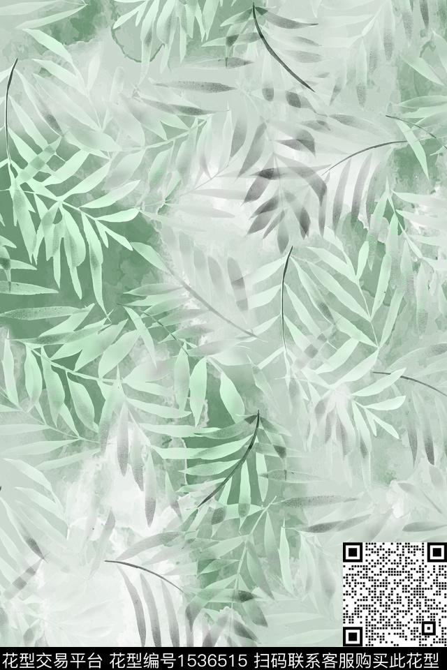 水彩绿植树叶时尚数码印花华亿平台下载（图片编号: 1536515） - 瓦栏（Walan）