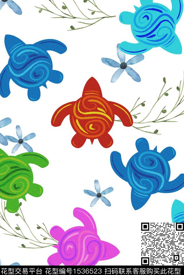 趣味海龟花卉数码印花华亿平台下载（图片编号: 1536523） - 瓦栏（Walan）