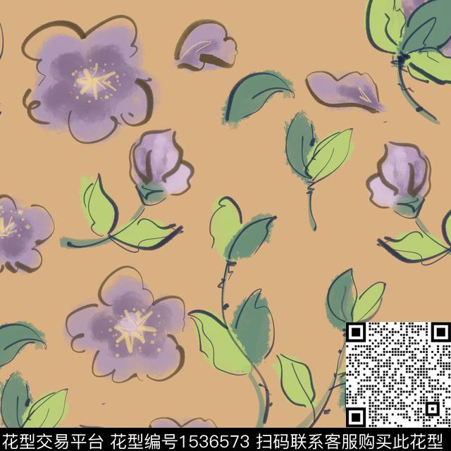 线条水彩花卉花卉传统印花华亿平台下载（图片编号: 1536573） - 瓦栏（Walan）