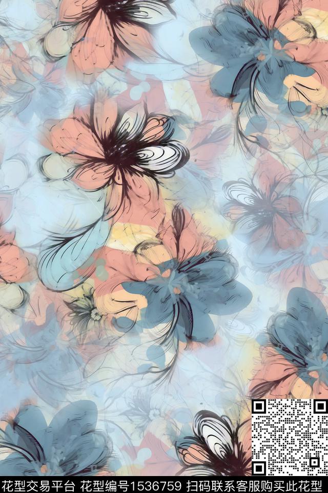 花卉抽象模糊数码印花华亿平台下载（图片编号: 1536759） - 瓦栏（Walan）