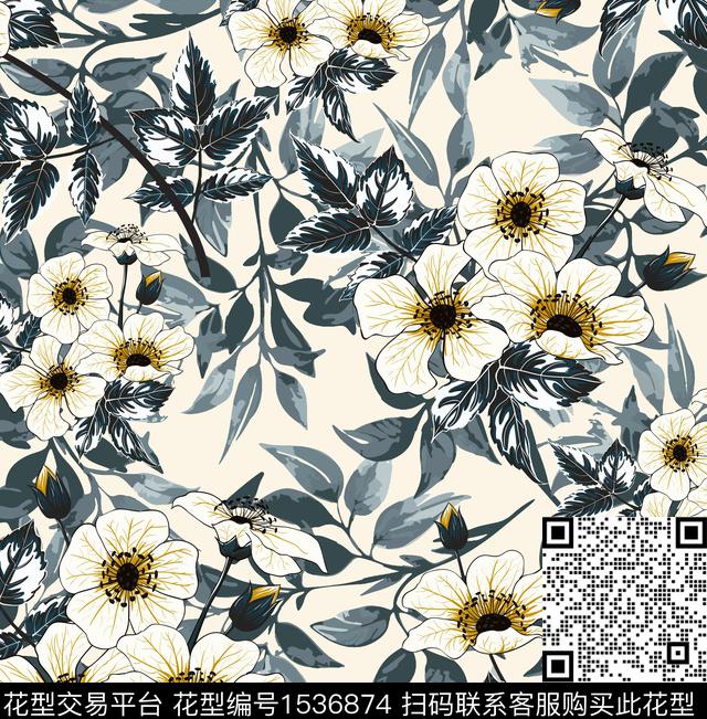 手绘花卉清爽底花卉花卉数码印花华亿平台下载（图片编号: 1536874） - 瓦栏（Walan）