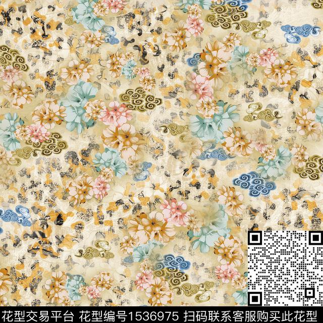 祥云中国风花卉数码印花华亿平台下载（图片编号: 1536975） - 瓦栏（Walan）