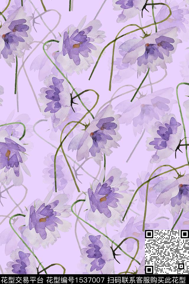 水彩花卉线条数码印花华亿平台下载（图片编号: 1537007） - 瓦栏（Walan）