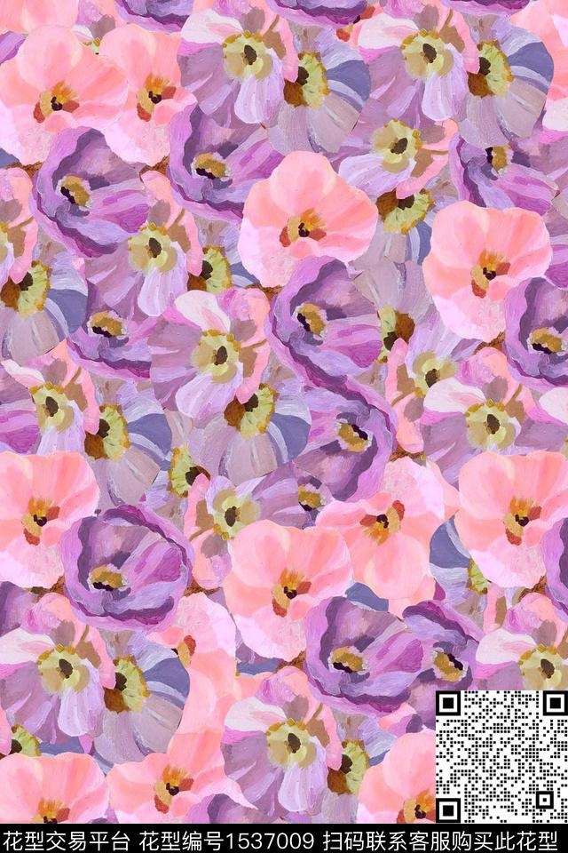 小花油画花卉数码印花华亿平台下载（图片编号: 1537009） - 瓦栏（Walan）