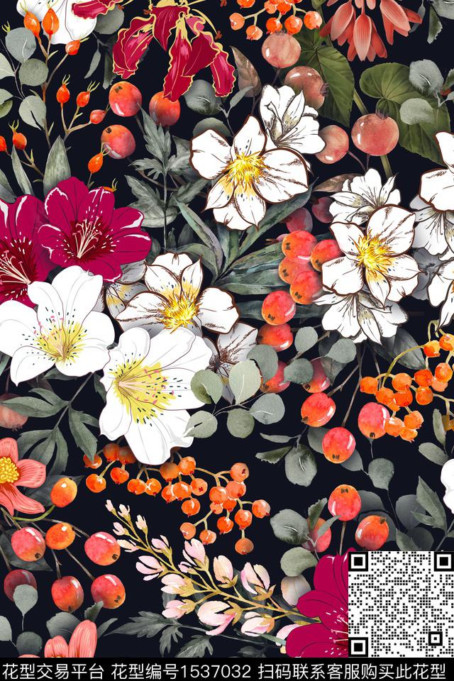 植物大花手绘大花数码印花华亿平台下载（图片编号: 1537032） - 瓦栏（Walan）