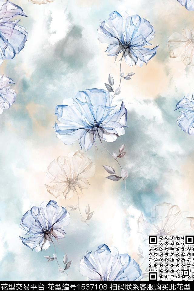 云雾花卉水彩数码印花华亿平台下载（图片编号: 1537108） - 瓦栏（Walan）