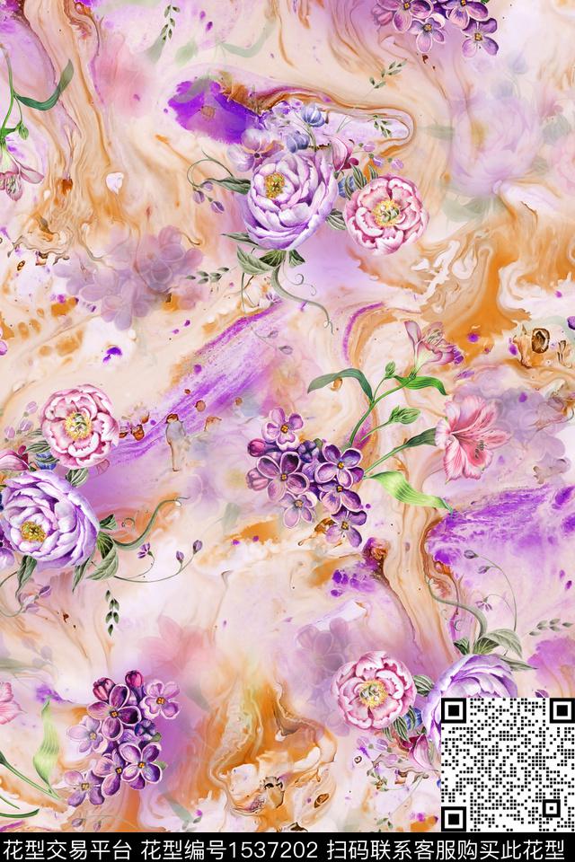 肌理抽象手绘花卉数码印花华亿平台下载（图片编号: 1537202） - 瓦栏（Walan）
