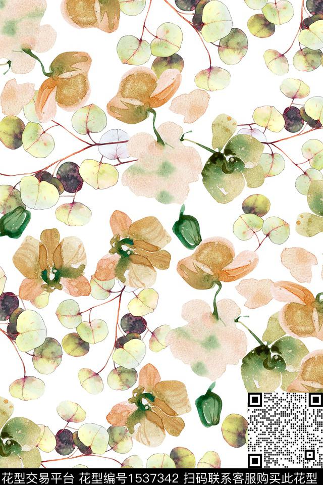 绿植树叶花卉水彩数码印花华亿平台下载（图片编号: 1537342） - 瓦栏（Walan）