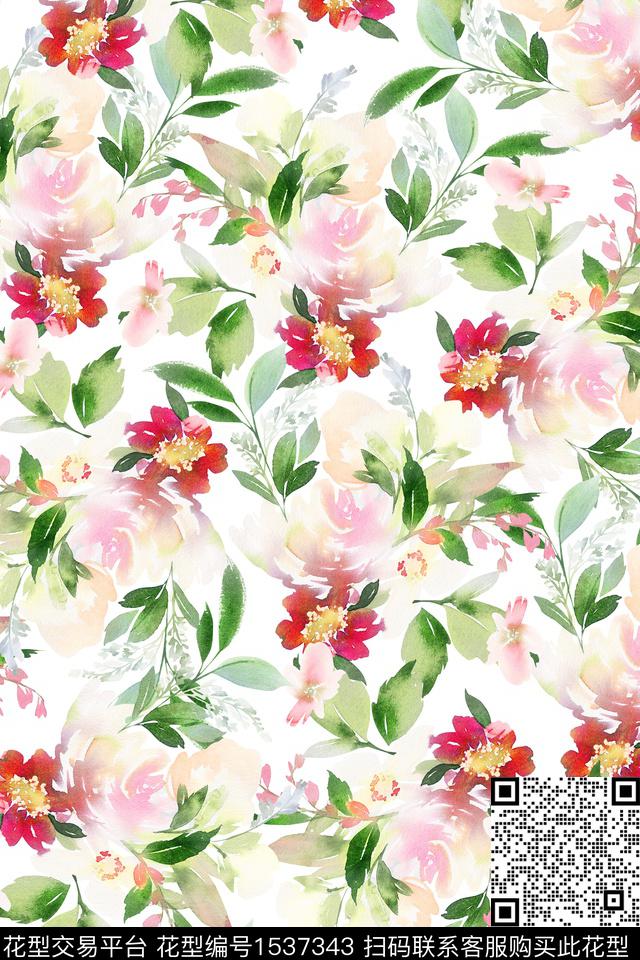绿植树叶花卉水彩数码印花华亿平台下载（图片编号: 1537343） - 瓦栏（Walan）