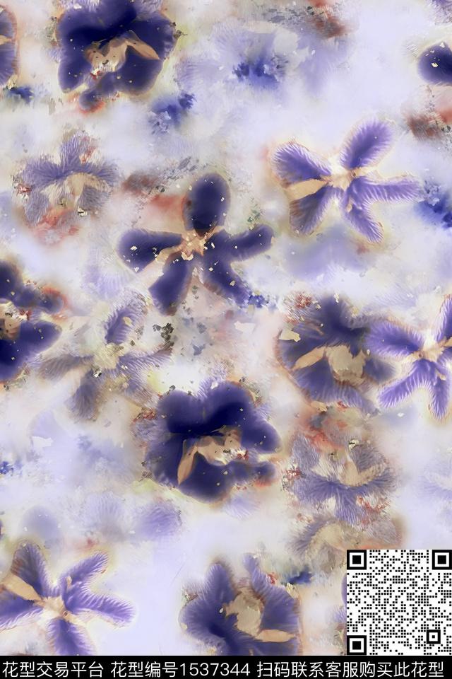水彩花卉模糊数码印花华亿平台下载（图片编号: 1537344） - 瓦栏（Walan）
