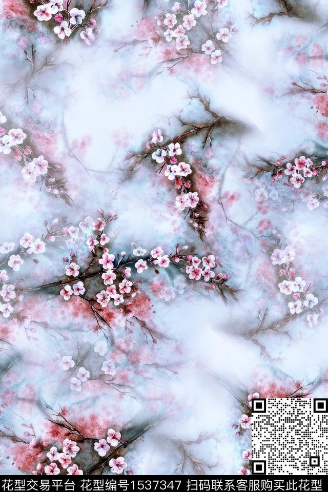 花卉树枝水彩数码印花华亿平台下载（图片编号: 1537347） - 瓦栏（Walan）