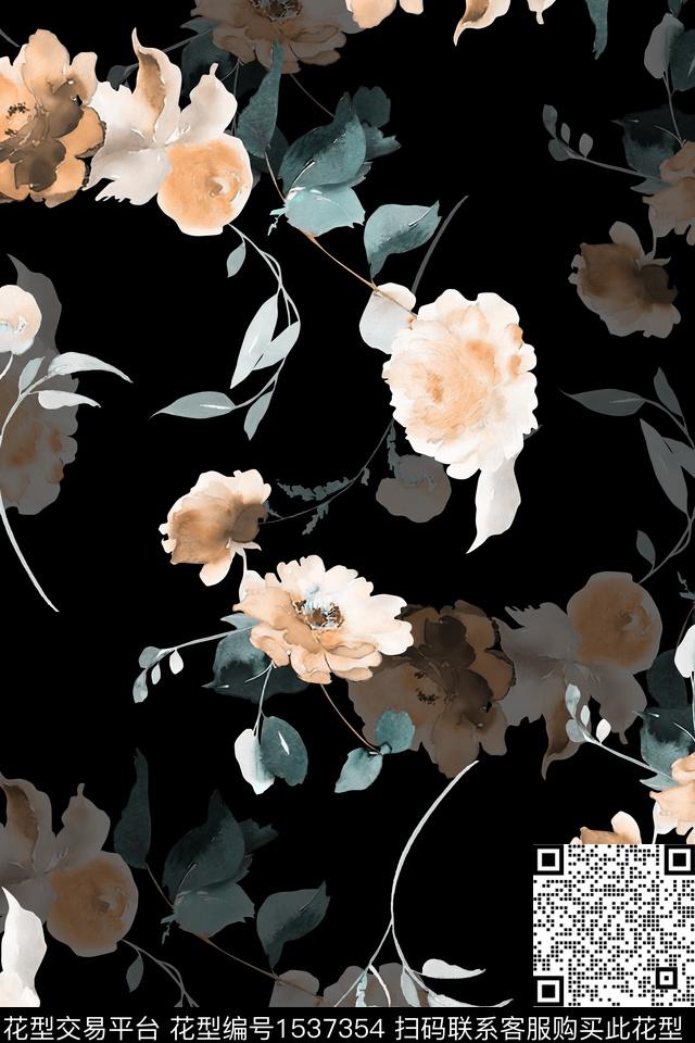 花卉水彩黑底花卉数码印花华亿平台下载（图片编号: 1537354） - 瓦栏（Walan）
