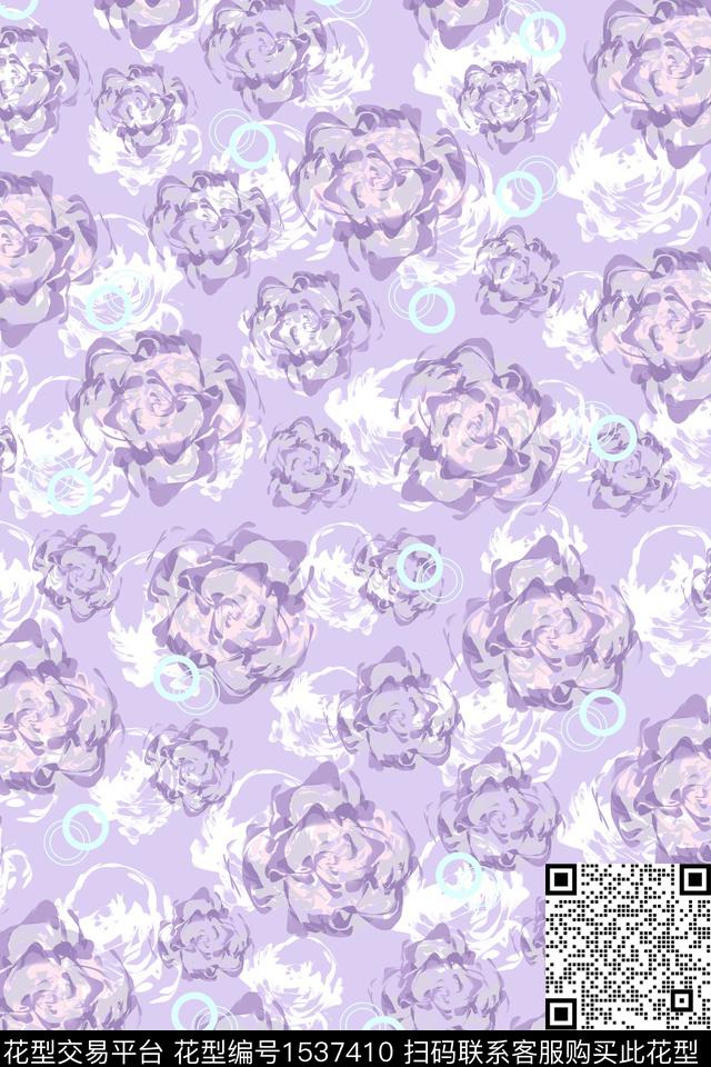 月季花抽象手绘花卉数码印花华亿平台下载（图片编号: 1537410） - 瓦栏（Walan）