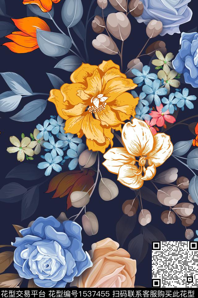 手绘大花植物大花数码印花华亿平台下载（图片编号: 1537455） - 瓦栏（Walan）