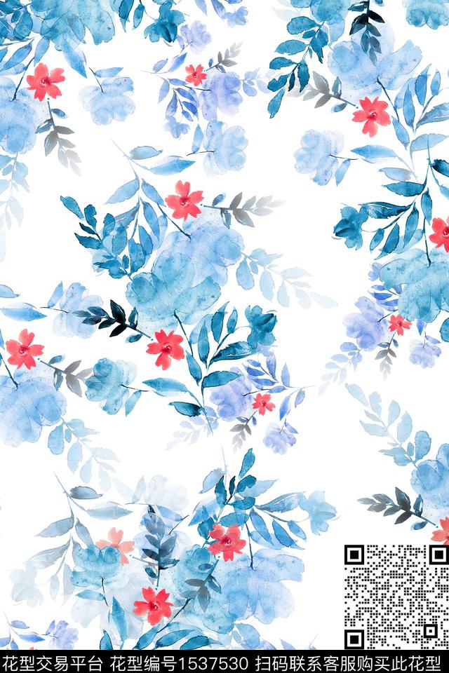 水彩花卉叶子数码印花华亿平台下载（图片编号: 1537530） - 瓦栏（Walan）