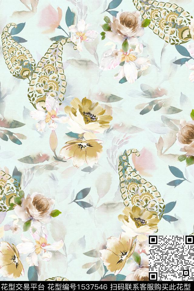 佩斯利花卉水彩数码印花华亿平台下载（图片编号: 1537546） - 瓦栏（Walan）