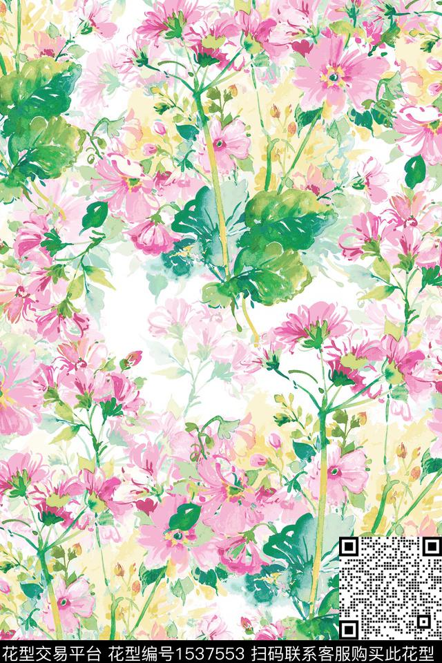 花卉水彩满版数码印花华亿平台下载（图片编号: 1537553） - 瓦栏（Walan）