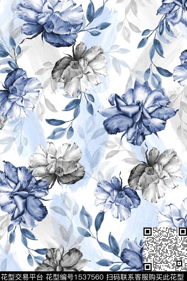 笔触花卉大花数码印花华亿平台下载（图片编号: 1537560） - 瓦栏（Walan）