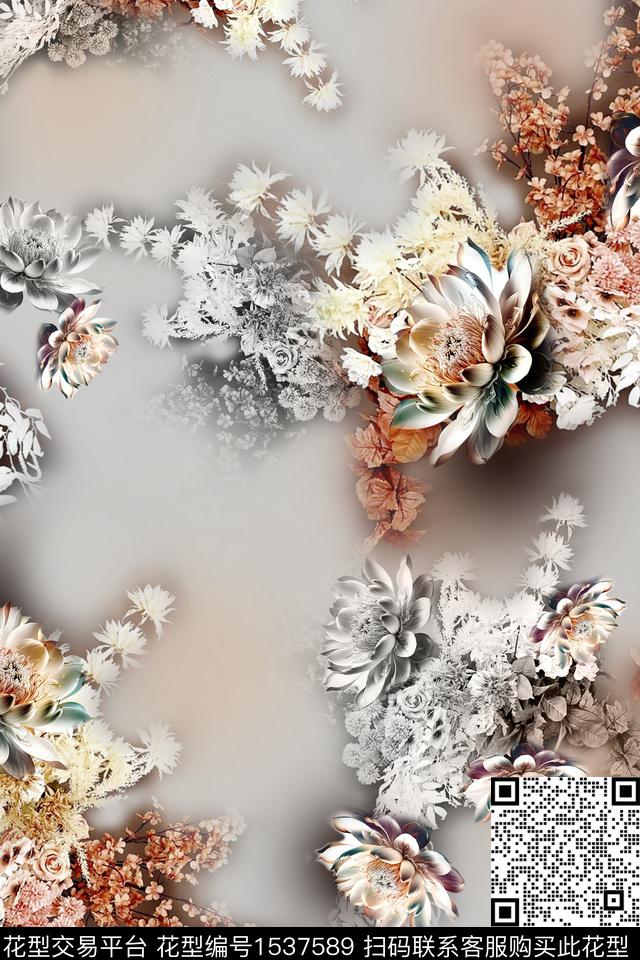 中老年朦胧花卉立体花卉数码印花华亿平台下载（图片编号: 1537589） - 瓦栏（Walan）