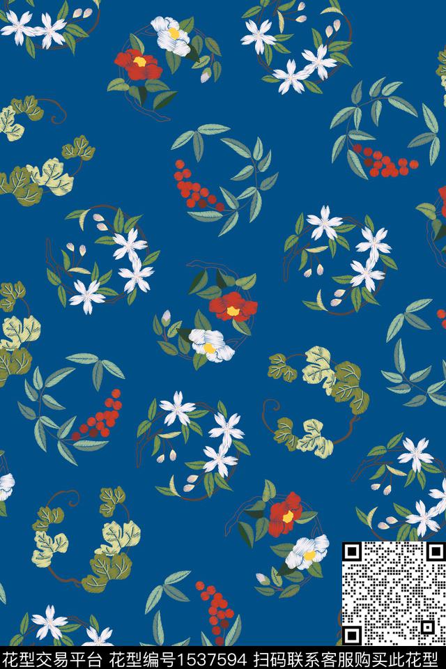 花卉叶子仿刺绣数码印花华亿平台下载（图片编号: 1537594） - 瓦栏（Walan）