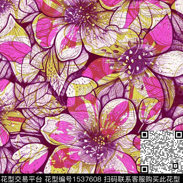 花卉大花女装数码印花华亿平台下载（图片编号: 1537608） - 瓦栏（Walan）
