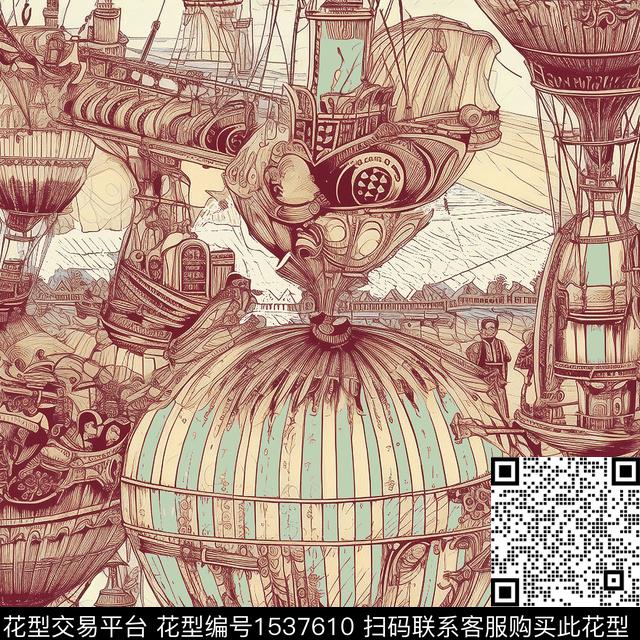 热气球船复古数码印花华亿平台下载（图片编号: 1537610） - 瓦栏（Walan）