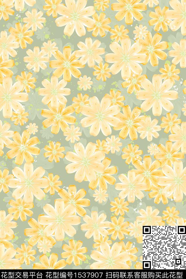手绘花卉女装花卉数码印花华亿平台下载（图片编号: 1537907） - 瓦栏（Walan）