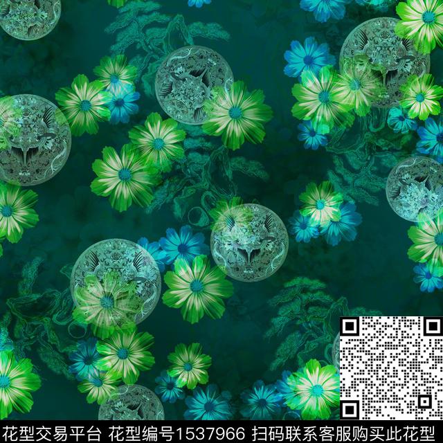 纹章花卉山水数码印花华亿平台下载（图片编号: 1537966） - 瓦栏（Walan）