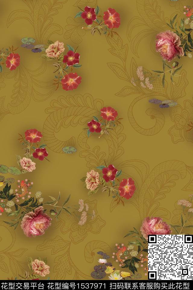 花卉中国风香云纱数码印花华亿平台下载（图片编号: 1537971） - 瓦栏（Walan）