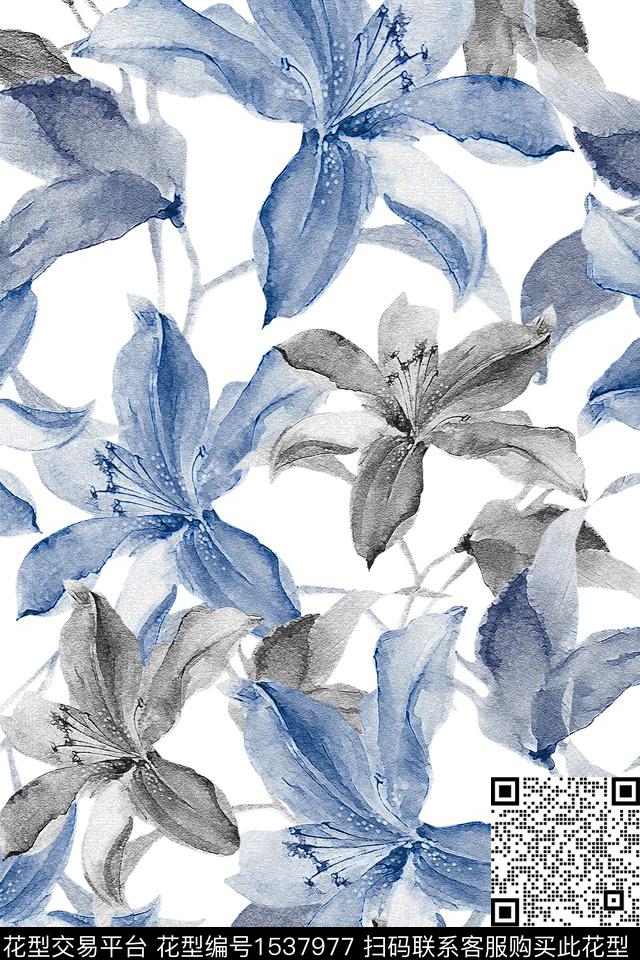 绿植树叶花卉黑白花数码印花华亿平台下载（图片编号: 1537977） - 瓦栏（Walan）