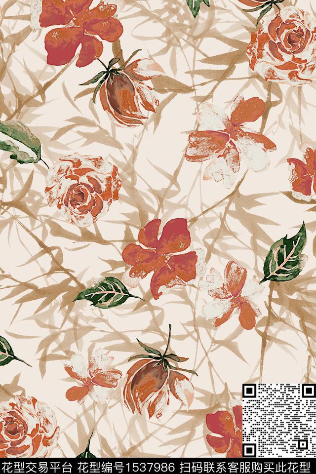 花卉竹子叶子数码印花华亿平台下载（图片编号: 1537986） - 瓦栏（Walan）