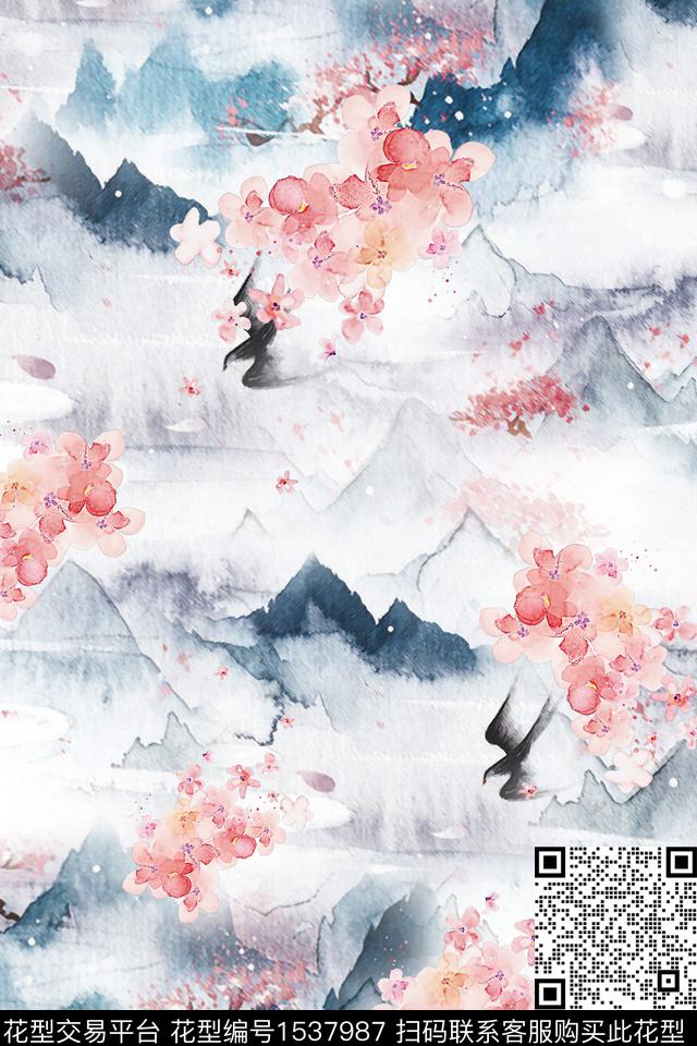 山水国画花卉数码印花华亿平台下载（图片编号: 1537987） - 瓦栏（Walan）