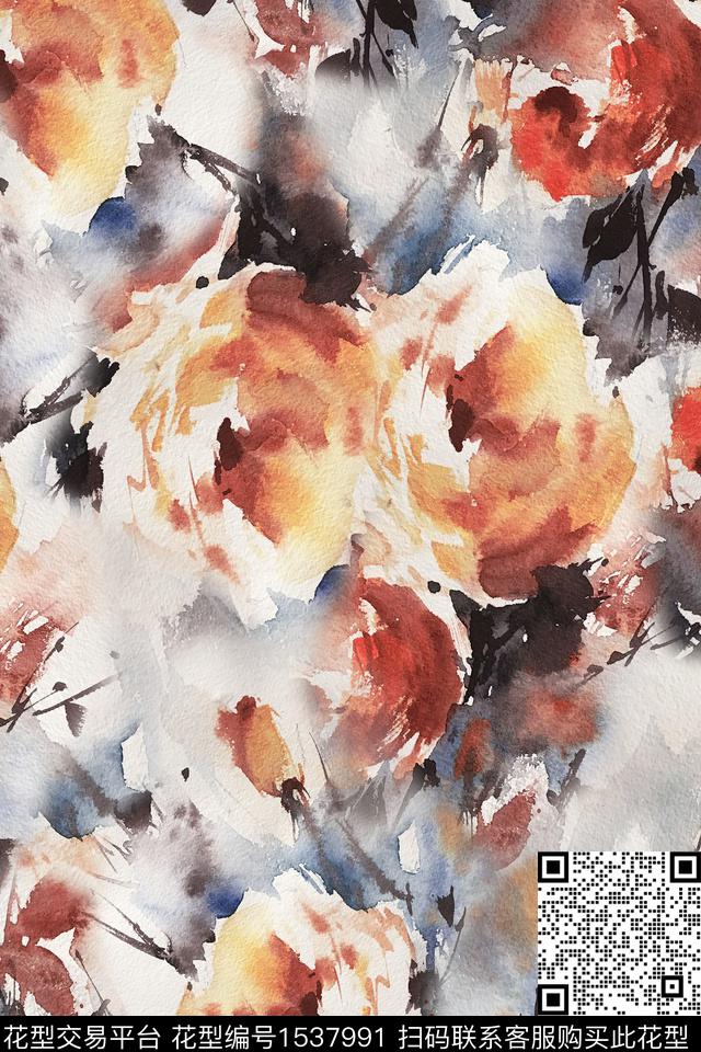 花卉大花水彩数码印花华亿平台下载（图片编号: 1537991） - 瓦栏（Walan）