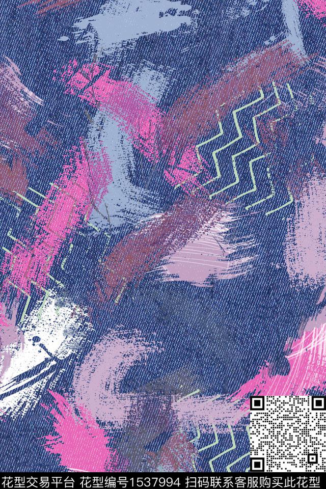 笔触时尚牛仔纹理数码印花华亿平台下载（图片编号: 1537994） - 瓦栏（Walan）