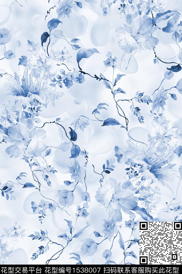 花卉水彩青花数码印花华亿平台下载（图片编号: 1538007） - 瓦栏（Walan）