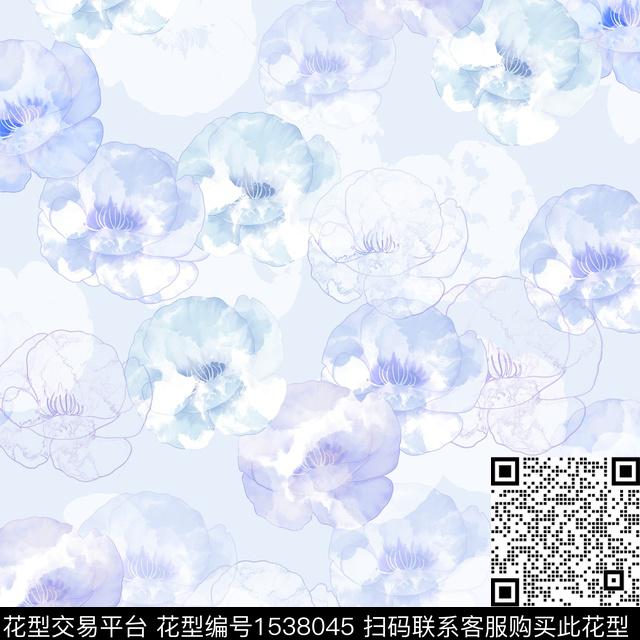 花卉水彩线条花数码印花华亿平台下载（图片编号: 1538045） - 瓦栏（Walan）