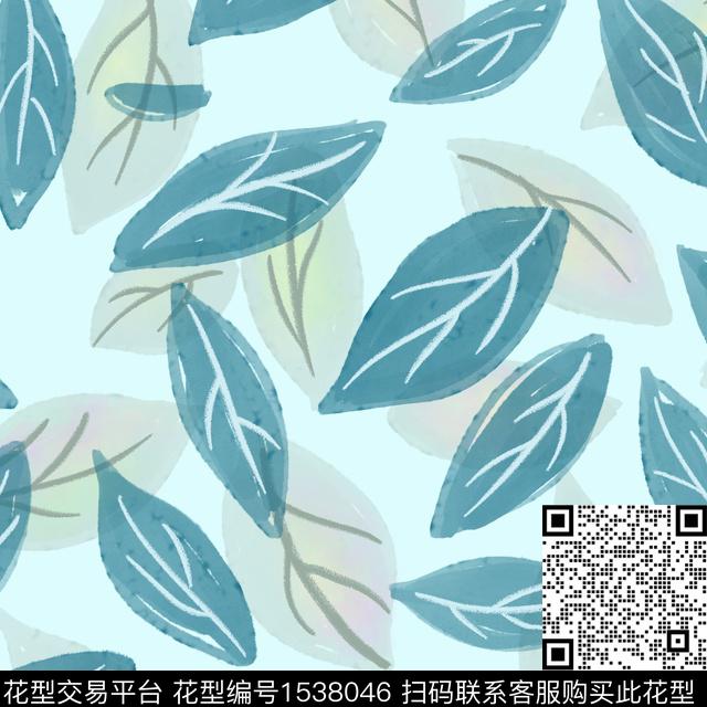 绿植树叶手绘清爽数码印花华亿平台下载（图片编号: 1538046） - 瓦栏（Walan）