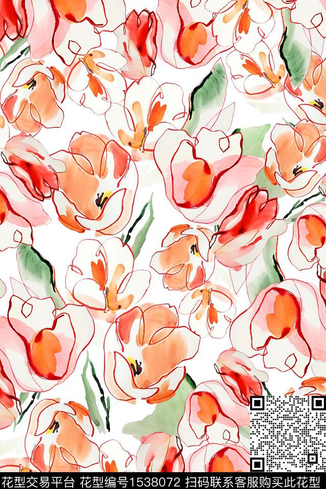 花卉水彩抽象花卉数码印花华亿平台下载（图片编号: 1538072） - 瓦栏（Walan）