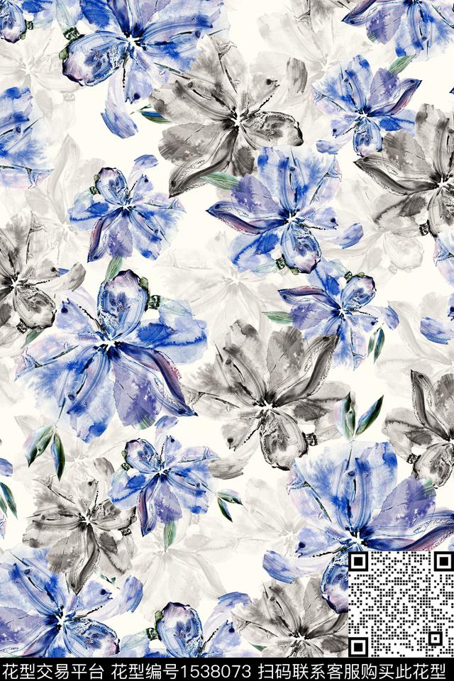 花卉水彩水墨数码印花华亿平台下载（图片编号: 1538073） - 瓦栏（Walan）