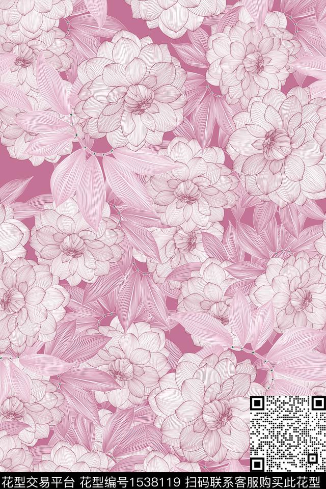 满版散花花卉大牌风数码印花华亿平台下载（图片编号: 1538119） - 瓦栏（Walan）