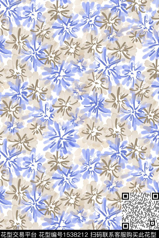 清爽底花卉满版散花抽象花卉数码印花华亿平台下载（图片编号: 1538212） - 瓦栏（Walan）