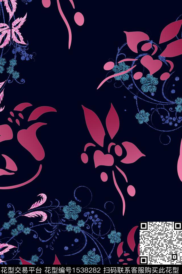 花卉黑底黑底花卉数码印花华亿平台下载（图片编号: 1538282） - 瓦栏（Walan）