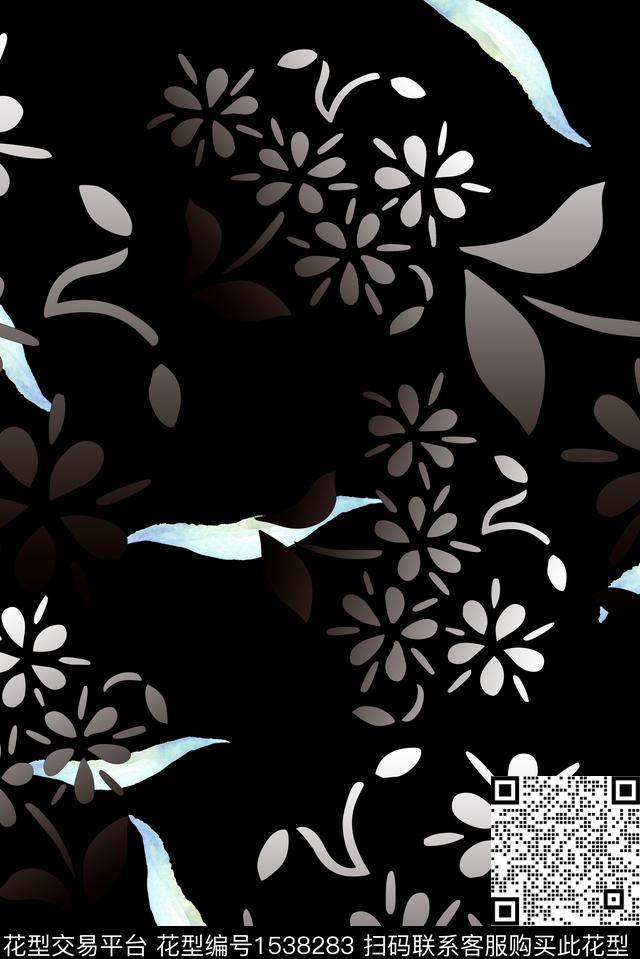 花卉黑底简约数码印花华亿平台下载（图片编号: 1538283） - 瓦栏（Walan）