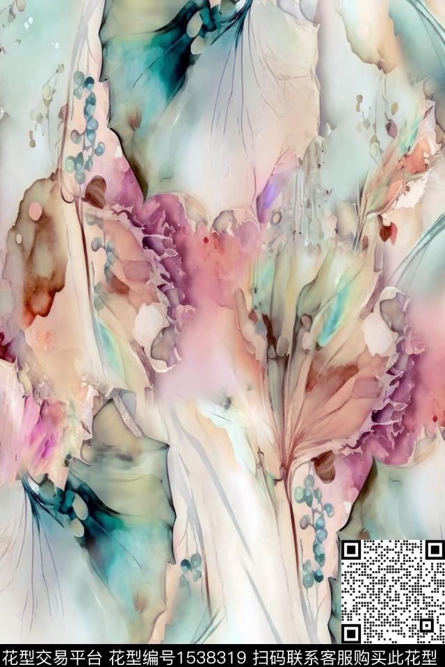 叶子抽象花卉数码印花华亿平台下载（图片编号: 1538319） - 瓦栏（Walan）