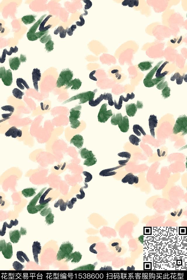 年轻女性水彩花卉笔触数码印花华亿平台下载（图片编号: 1538600） - 瓦栏（Walan）