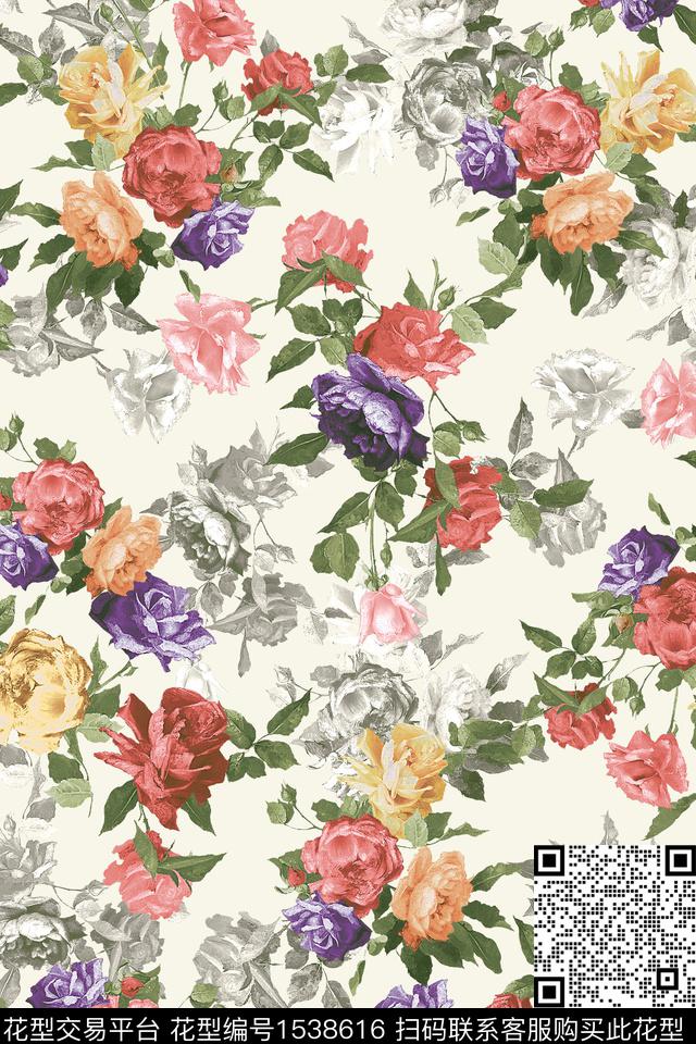 绿植树叶花卉满版散花数码印花华亿平台下载（图片编号: 1538616） - 瓦栏（Walan）