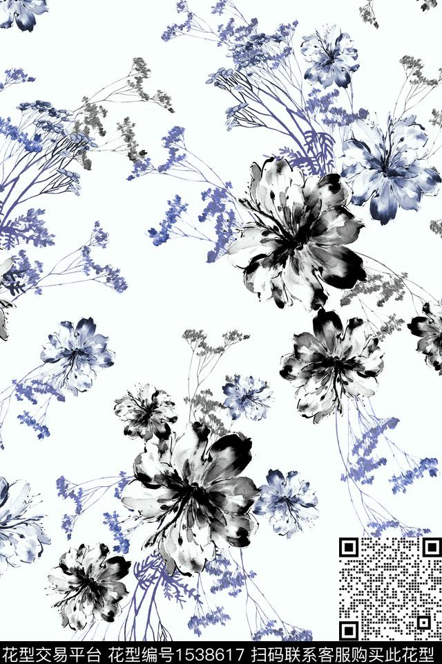 绿植树叶花卉水墨数码印花华亿平台下载（图片编号: 1538617） - 瓦栏（Walan）