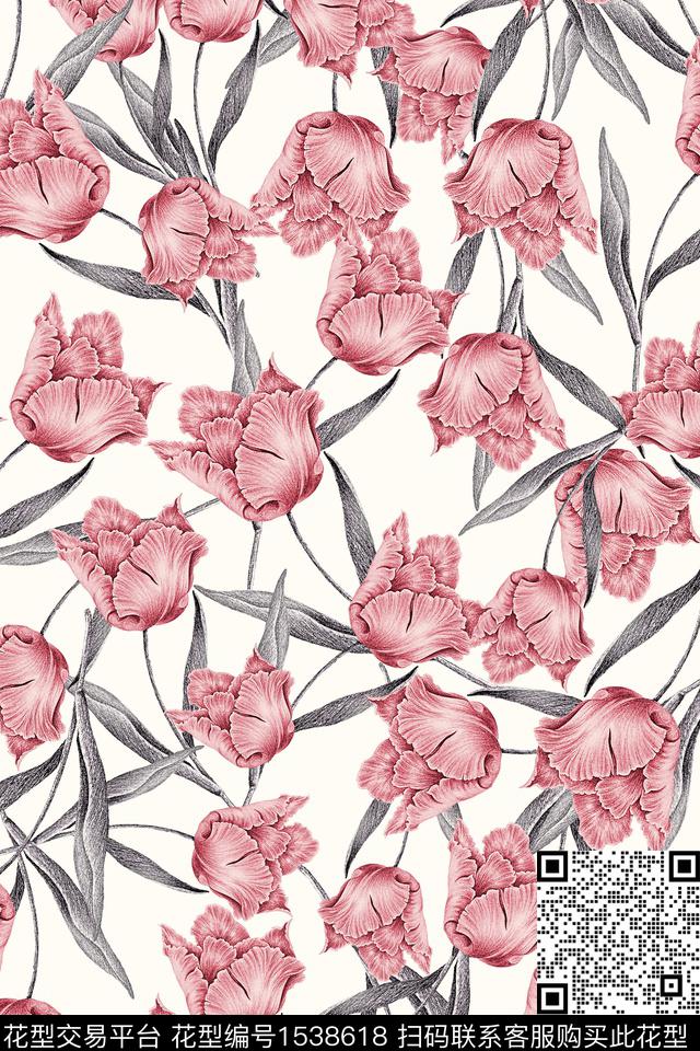 绿植树叶花卉满版散花数码印花华亿平台下载（图片编号: 1538618） - 瓦栏（Walan）