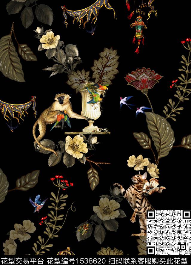 猴子欧式定位花叶子数码印花华亿平台下载（图片编号: 1538620） - 瓦栏（Walan）