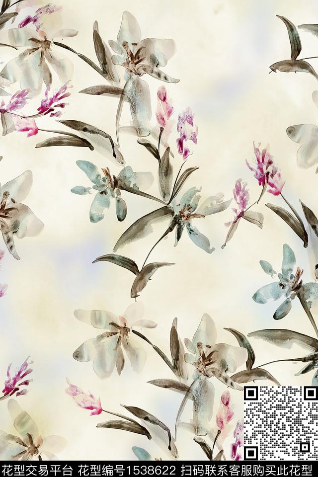 花卉水彩水墨数码印花华亿平台下载（图片编号: 1538622） - 瓦栏（Walan）